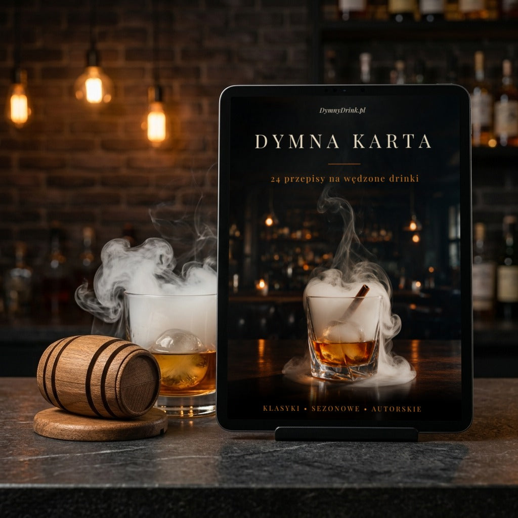 Szklanka z dymem, beczka DymnyDrink i ebook Dymna Karta na tablecie
